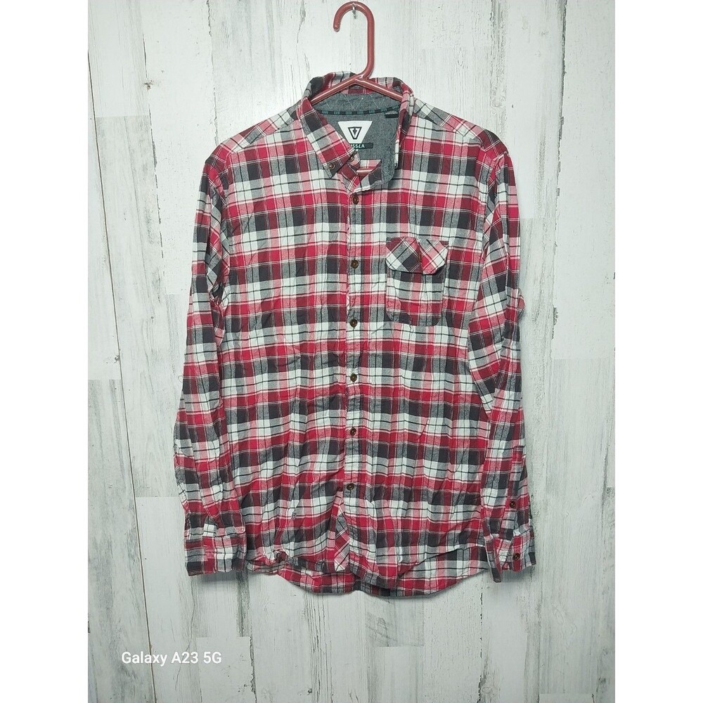 Vissla Button Up Shirt Men Large Red Gray Plaid Cotton Long Sleeve
